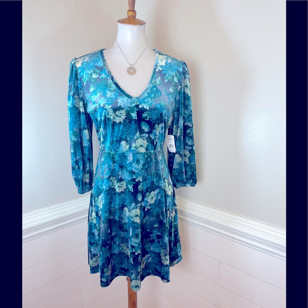 Midnight Doll Floral Print Crushed Velvet Dress L (jrs.) FREE SHIP